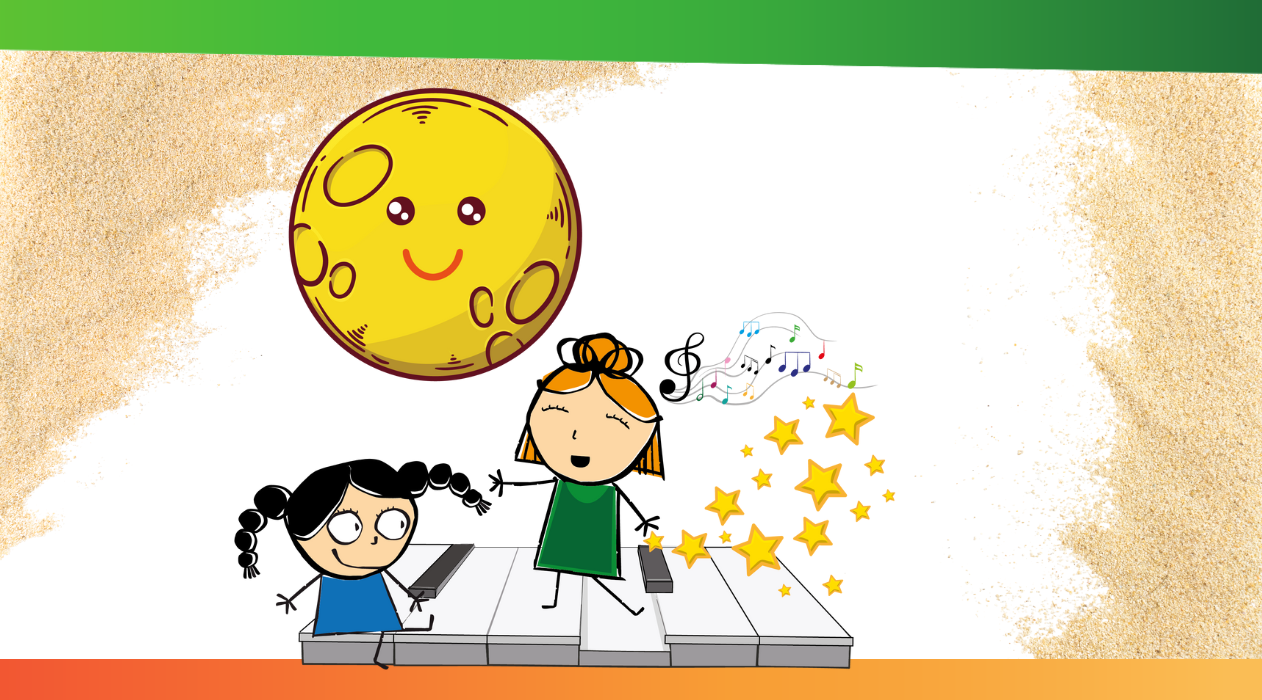 Disegno di bambini su un pianoforte con dietro una luna nello sfondo